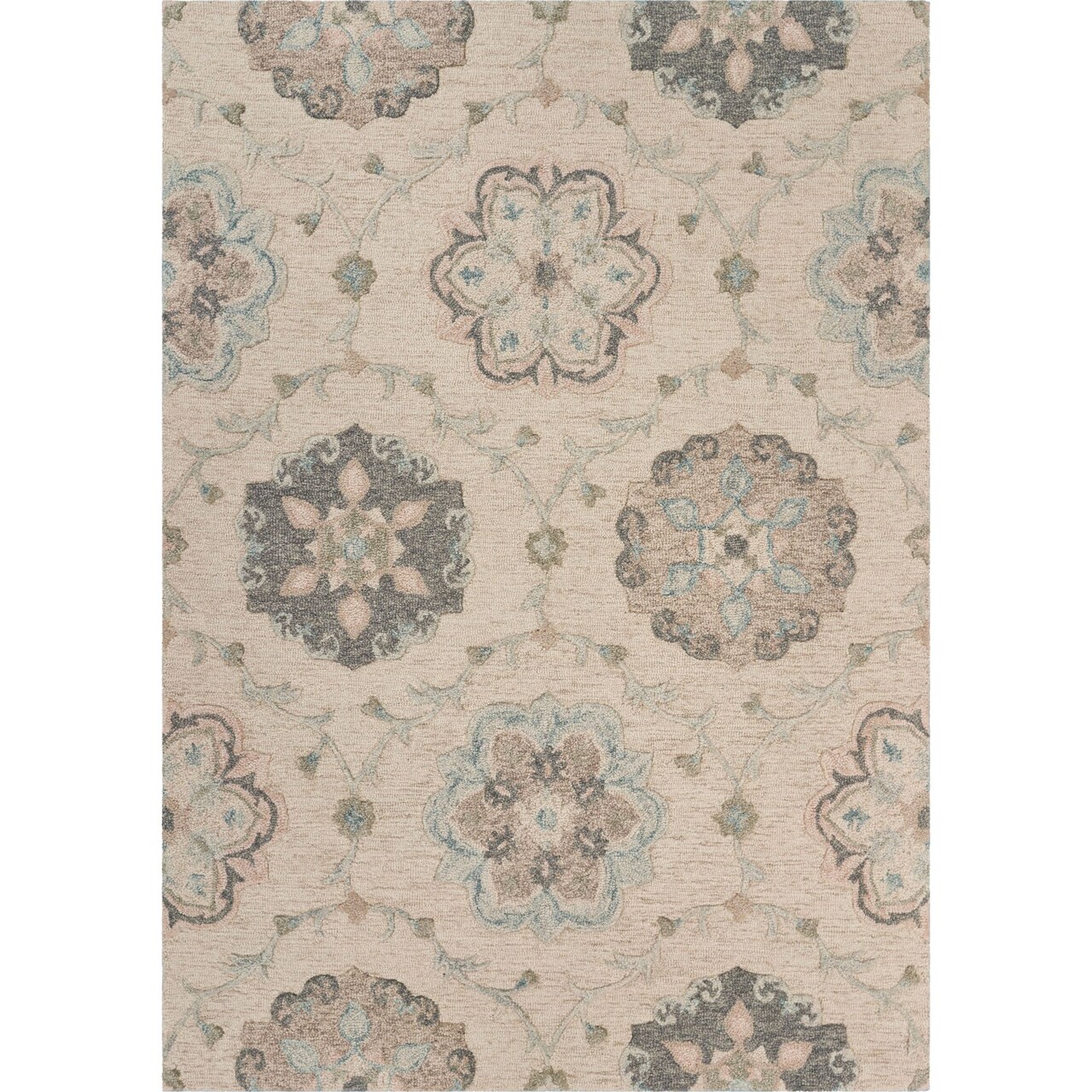 Laddha Home Designs 7' x 9' Ivory and Blue Floral Hand Tufted Rectangular Wool Area Throw Rug